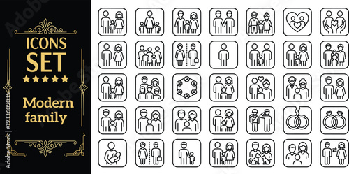A collection of modern family icons set in a grid layout, showcasing various simple line illustrations of people and relationships