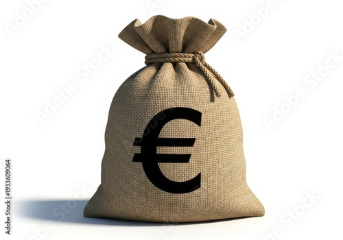 Burlap sack prominently displaying the currency symbol for the European monetary unit tied at the top against a white background