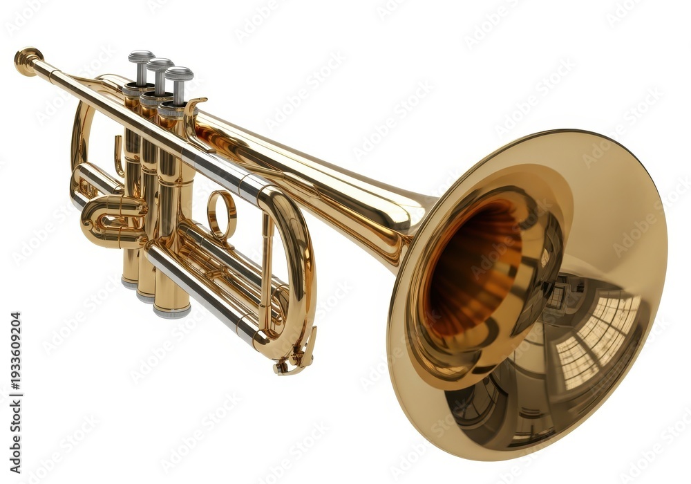 Obraz premium Gleaming brass wind instrument with valves angled diagonally against a white background