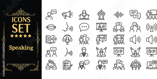 Collection of icons depicting communication and speaking events in various formats and styles on a clean white background