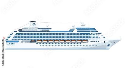 A large white cruise ship, featuring multiple blue-accented decks and orange lifeboats, is shown in a side profile on a white background.