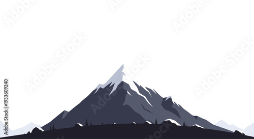 A stylized illustration of a towering snow-capped mountain range with jagged peaks rises above a dark, silhouetted forest against a bright white sky.