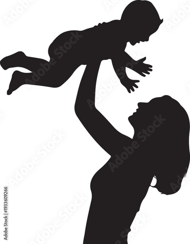 Black silhouette of woman holding baby up in air mother