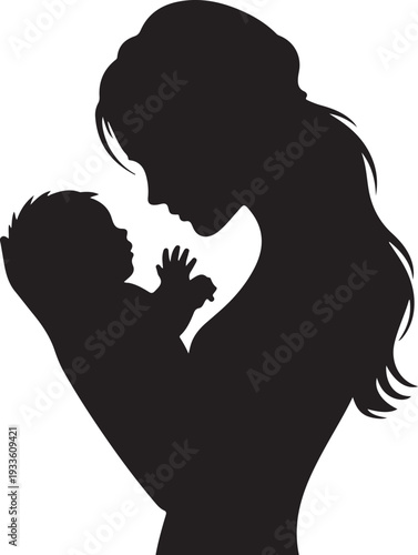 Black silhouette of woman holding baby white background