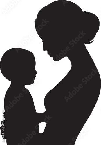 Black silhouette of woman holding baby white background
