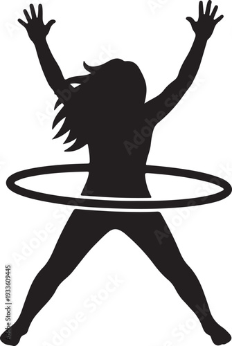 Dynamic silhouette of a woman joyfully engaging in hula hoop exercise, showcasing an active lifestyle, recreational fitness, and a sense of playful freedom