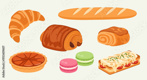 Assorted pastries and baked goods displayed on a clean surface, colorful treats, culinary delights  viewed from directly above in a flat illustration.