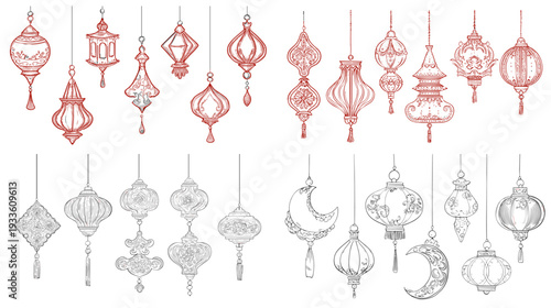 Hand drawn hanging paper lantern set in red and gray, traditional Asian festival decorations with tassels, isolated on white background.