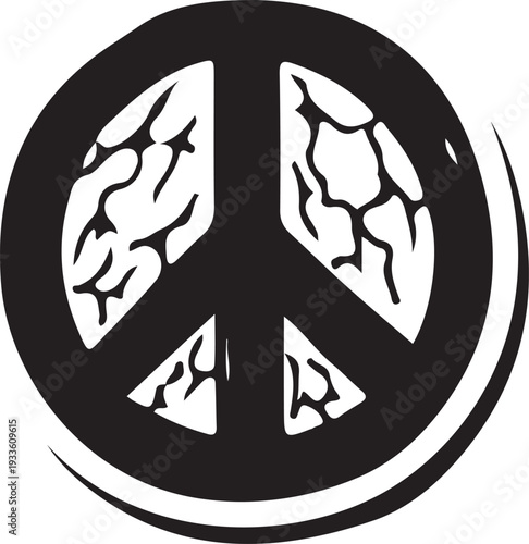 A classic, high-contrast minimalist peace sign with a rough, hand-drawn texture, symbolizing global harmony and non-violence.