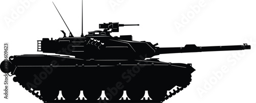 Black silhouette of modern battle tank side view with long barrel gun, armored turret, road wheels, military vehicle design symbolizing defense, combat readiness, and warfare technology