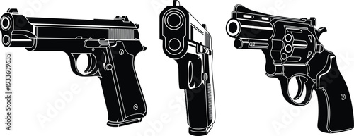 Black handgun and revolver silhouettes isolated on white background, detailed firearm illustration set, tactical pistol collection, weapon clipart for security and defense themesBlack
