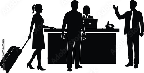 Black silhouettes of travelers with suitcase checking in at hotel reception desk with receptionist and manager isolated on white background flat vector