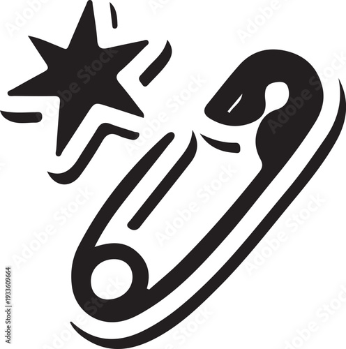 A reverse pairs bold, hand-drawn vector illustration of a safety pin accompanied by a stylized five-point star, symbolizing "star-quality" support, DIY creativity, and shining solidarity.