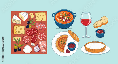 A vibrant illustration of assorted cheeses, meats, and accompaniments on a table from an overhead viewpoint.