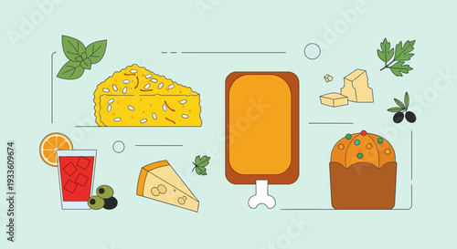 Assorted food items including cheese and drink arranged aesthetically on a light background viewed from directly above with various elements scattered
