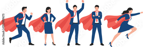 Business professionals in formal attire with red superhero capes striking confident poses, symbolizing leadership, empowerment, motivation, and corporate excellence in dynamic vector illustration