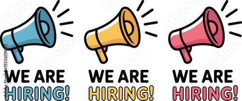 "We Are Hiring Megaphone Announcement with Colorful Loudspeakers and Job Vacancy Banner in Vector Illustration"