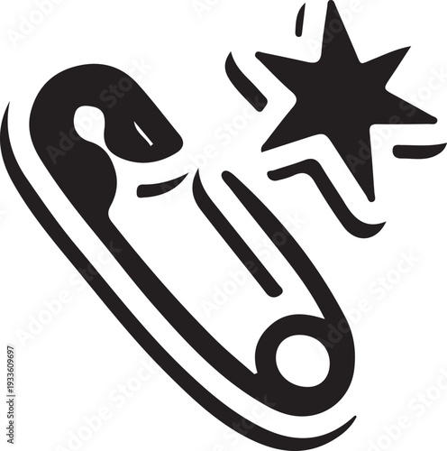 A bold, hand-drawn vector illustration of a safety pin accompanied by a stylized five-point star, symbolizing "star-quality" support, DIY creativity, and shining solidarity.