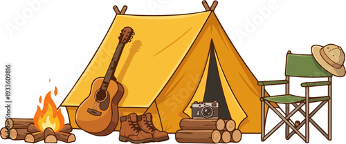 Camping Gear Illustration with Yellow Tent, Campfire, Guitar, Boots, Camera and Folding Chair