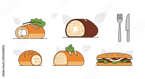 Assorted food items including sandwiches and pastries displayed on a clean white background from a straightforward viewpoint