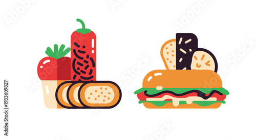 Assorted food items including chili peppers and sandwiches displayed on a clean background from a straightforward viewpoint