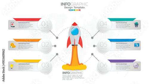 Business startup infographic with six linked options and rocket icon symbolizing innovation