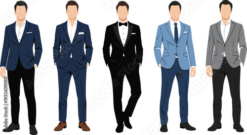 Five male figures in different formal suits including tuxedo and business attire, showcasing professional fashion styles, corporate identity, and elegant menswear vector illustration