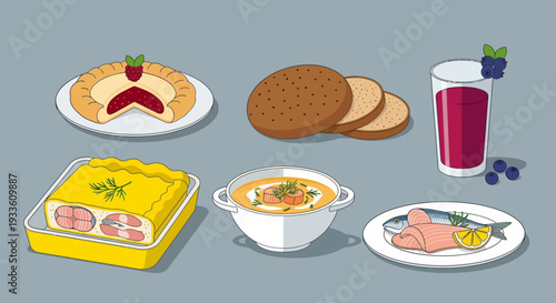 Various food items arranged neatly on plates and in bowls on a plain gray background from a directly overhead viewpoint