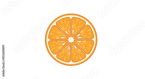 A single, perfectly round orange slice, displaying its distinct segments, thin white pith, and vibrant orange rind, is centered against a clean white background.