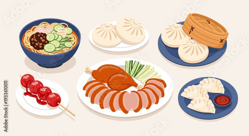 Assorted Asian cuisine delicacies beautifully presented on multiple plates and bowls from an overhead viewpoint