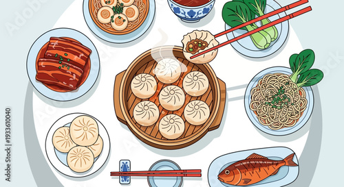 Assorted Asian delicacies on a round table, viewed from directly above, with various dishes arranged neatly