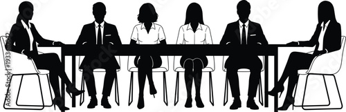 Silhouette illustration of business professionals seated around conference table in formal meeting, symbolizing teamwork, leadership, corporate discussion, and decision-making for business design 