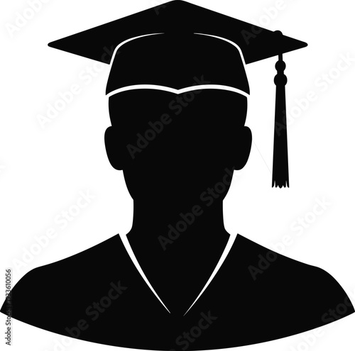Silhouette illustration of graduate wearing academic cap and gown with tassel, symbolizing education success, university achievement, higher learning, graduation ceremony, and scholarly accomplishment