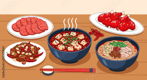 Assorted Asian delicacies displayed on wooden table with steaming bowls and various dishes from overhead viewpoint