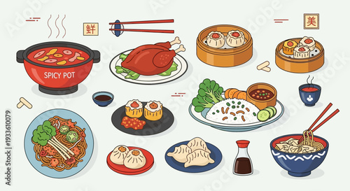 Assorted Asian cuisine delicacies displayed on table with various dishes and cooking utensils nearby for culinary preparation and serving purposes everywhere always