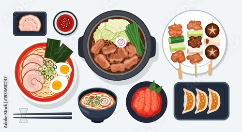 Assorted Japanese dishes arranged on table including ramen and skewers viewed from directly above