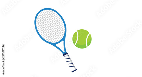 A blue tennis racket and a neon green tennis ball are digitally illustrated, positioned side-by-side against a clean white background.