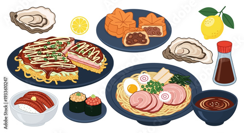 Assorted international breakfast dishes beautifully arranged on multiple plates from an overhead view