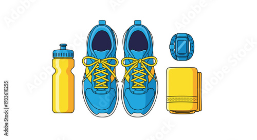 A pair of blue running shoes, a yellow water bottle, a blue smartwatch, and a folded yellow towel are neatly arranged on a white background.
