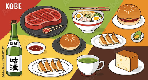 Assorted Japanese dishes including Kobe beef, sushi, and green tea served on various plates on a table with beverages