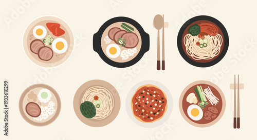 Assorted international breakfast dishes with eggs, meat, and vegetables, displayed on various plates and bowls from a top-down view