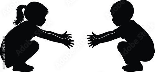 Silhouette of two children squatting and reaching toward each other, playful interaction symbolizing friendship, bonding, communication, childhood 