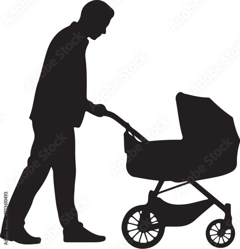 Man pushing baby stroller silhouette person pram