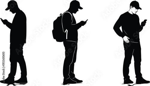 Silhouette of young man using smartphone, three standing poses with backpack and cap, modern technology addiction concept isolated on white background illustration