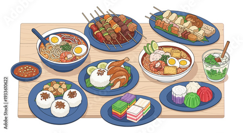 Assorted dishes including barbecue skewers and sushi on wooden table, overhead view of various Asian cuisine