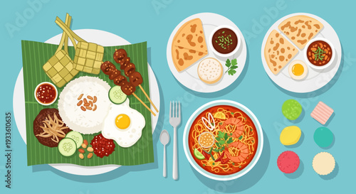 A vibrant breakfast scene with egg, pancake, soup, and various toppings viewed from directly above on a clean table setting with dishes and utensils