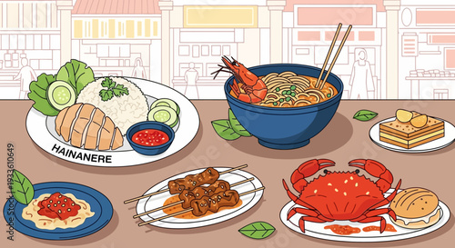 Assorted seafood dishes, including crab and noodles, on a table in an urban setting viewed from above illustration