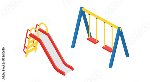 A red and grey slide stands next to a blue and yellow swing set with two red swings, digitally illustrated on a clean white background.