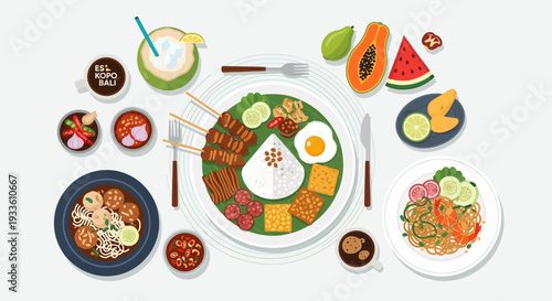 Assorted breakfast dishes arranged on table with fresh fruits, eggs, and various accompaniments from overhead view.