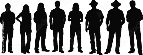 Silhouettes of eight diverse individuals standing side by side, symbolizing unity, diversity, casual attire, human forms, teamwork, and community representation in vector illustration.